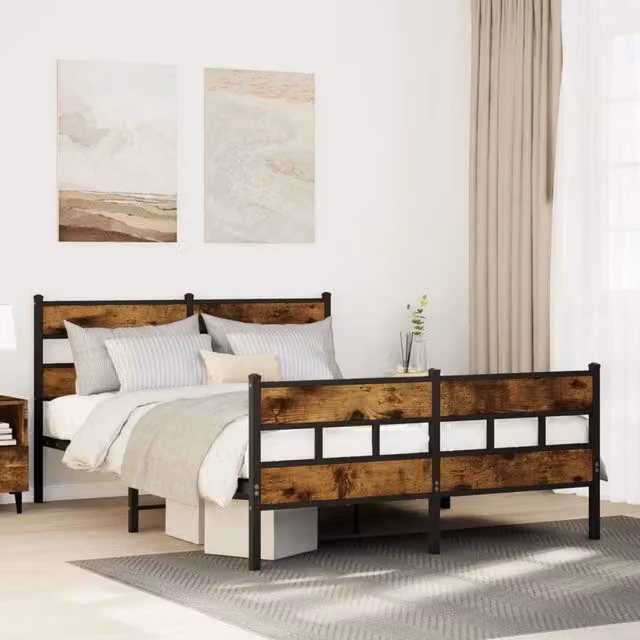 Berkfield Home Metal Bed Frame in Smoked Oak Brown, W/D/H: 150 x 200 cm King Size