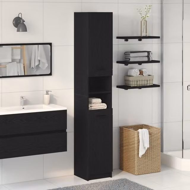 Berkfield Home Black Oak Bathroom Cabinet, W/D/H: 34 x 32 x 188.5 cm