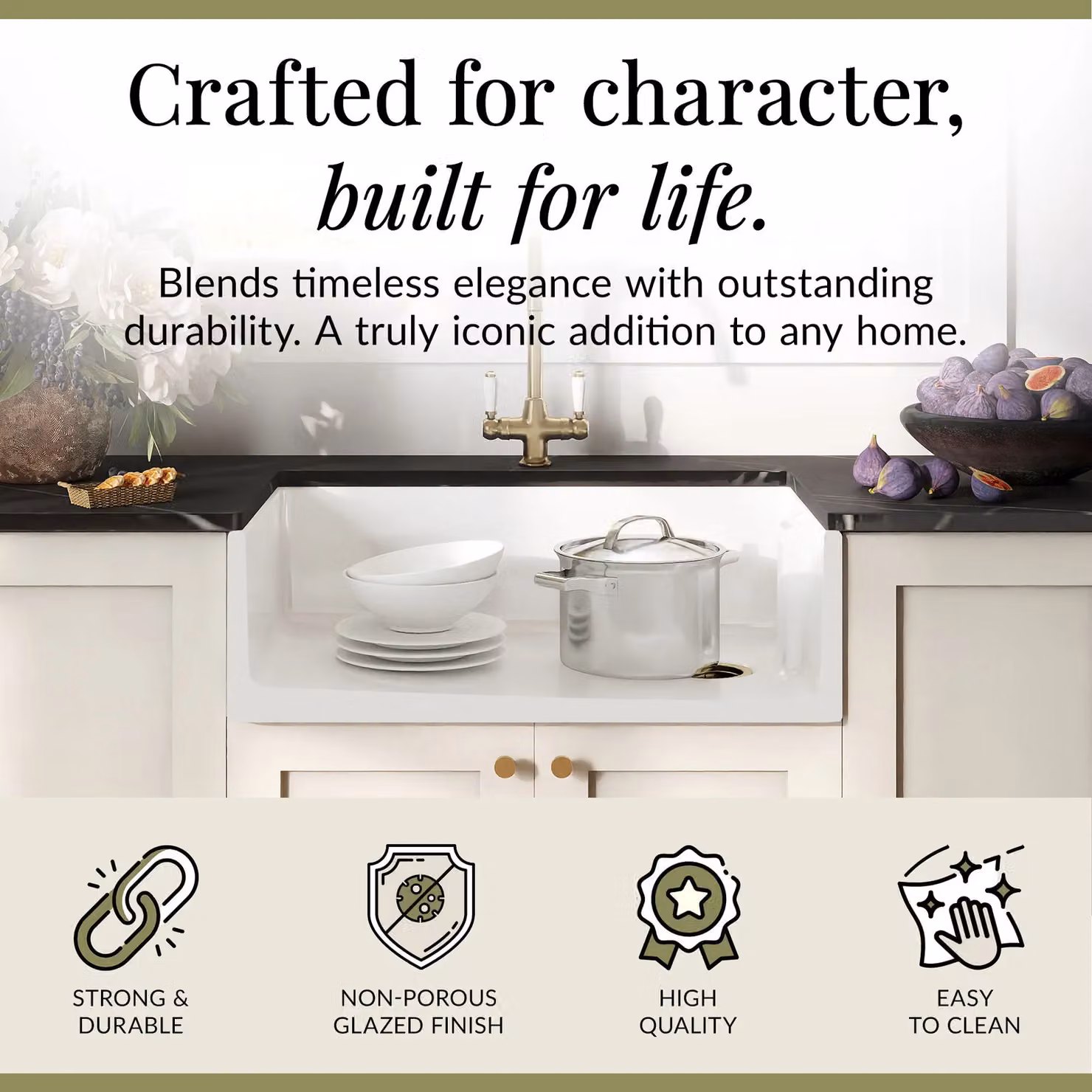 Balterley White Ceramic 1 Bowl Belfast Sink with Brushed Brass Strainer Waste and Tap, W: 795 mm – 2