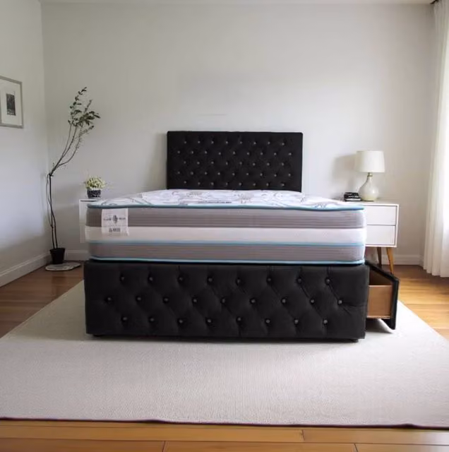 Knight Sleep Delaware Plush Super King Bed with Hybrid Mattress, 4 Drawers and Headboard in Black Velvet Fabric, W/D/H: 200 x 200 cm