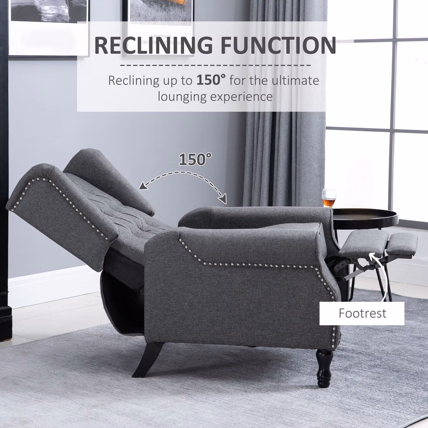 HOMCOM Grey Fabric Recliner Armchair with Integrated Footrest and Armrests – 4
