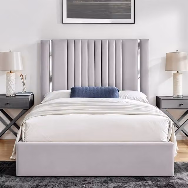 UK Bed Furniture Valencia Gas Lift Storage Upholstered Bed in Silver, W/D/H: 120 x 200 cm