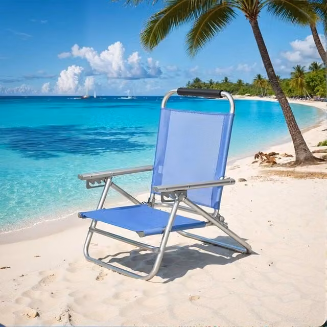 KORVIXA Blue Beach Chair with 4-Level Adjustable Backrest, Armrests and Cup Holder