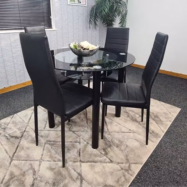 Kosy Koala Modern Round Black Glass Dining Table and 4 Chairs Set in Brown – 1