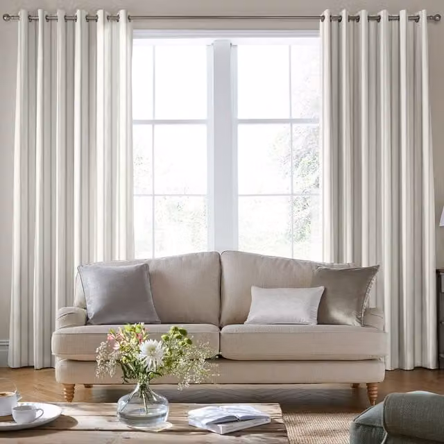 Laura Ashley Farnworth Made To Measure Blackout Eyelet Curtains in Natural Striped Fabric