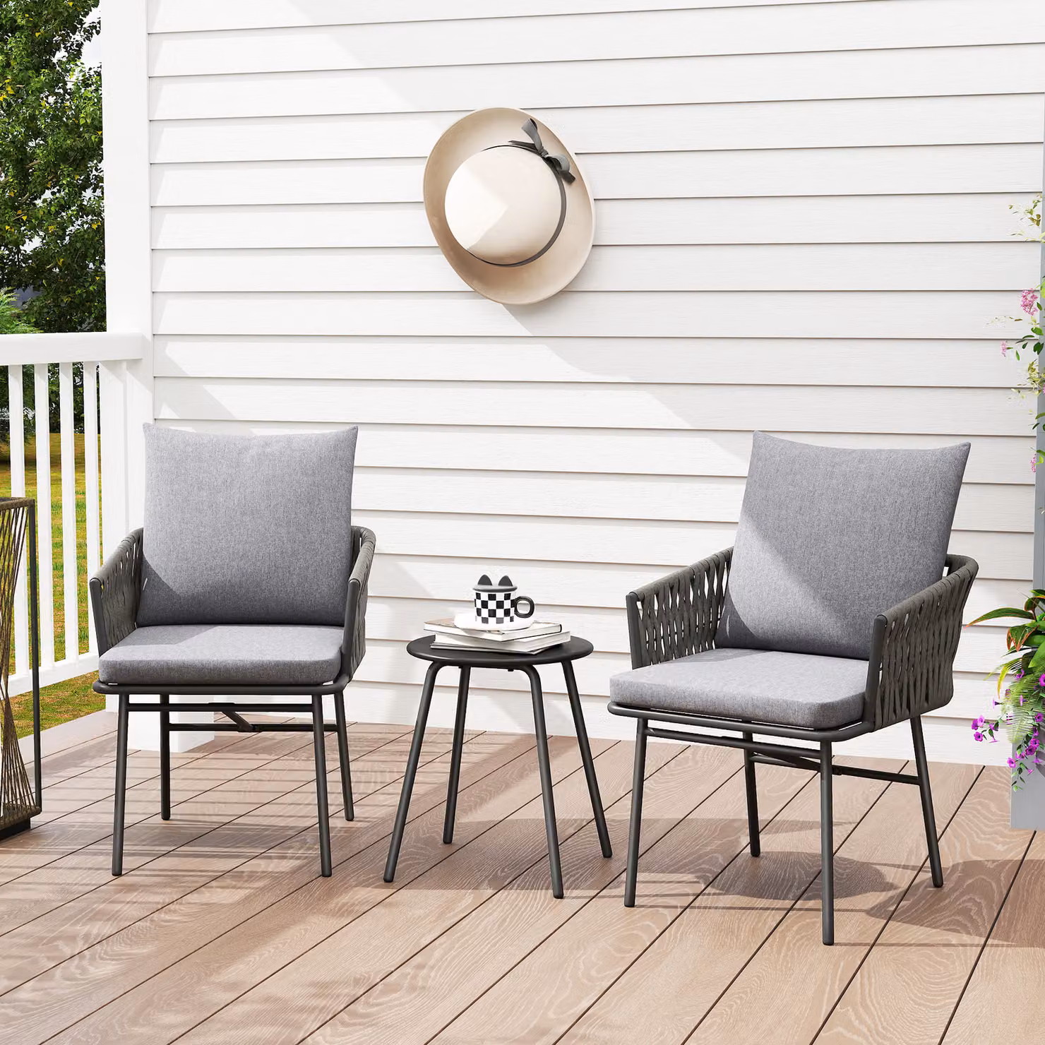 Outsunny 3-Piece Rattan Bistro Set with Round Table and Chairs in Grey – 2
