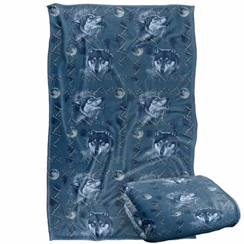 JQ Licensing Wolf Howl Moon Pattern Super Soft Fleece Throw Blanket, Blue, W/D/H: 91 x 147 cm