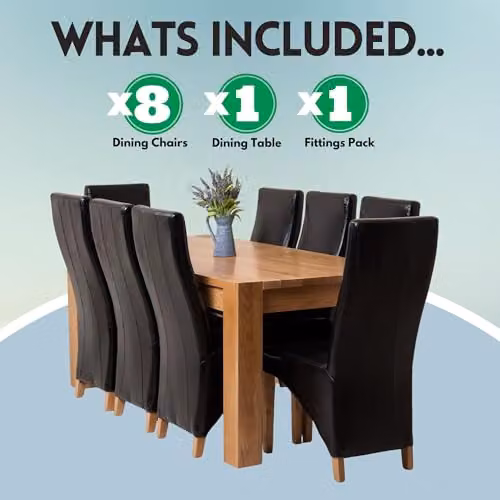 Thats Furniture Kuba Oak Dining Table and 8 Lola Black Leather Chairs Set, W: 180 cm, D: 90 cm, H: 78 cm – 4