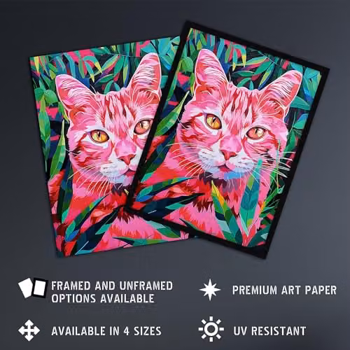 Artery8 Cat Lover Pet in Fronds Psychedelic Pink and Green Abstract Wall Art Poster Print on Thick Paper, W: 46.0 cm, H: 61.0 cm – 2