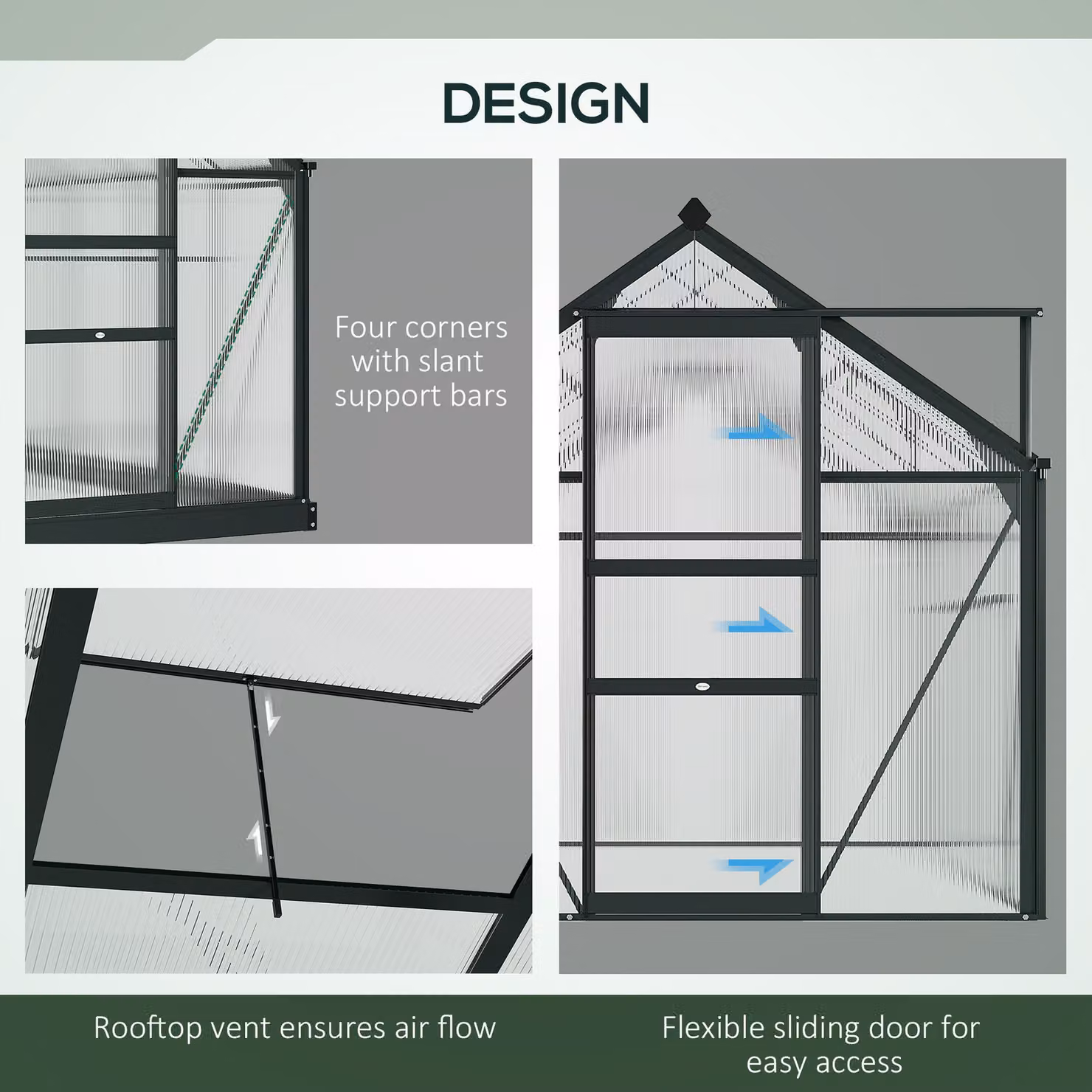 Outsunny Polycarbonate Greenhouse with Aluminium Frame and Galvanised Steel Base, Grey, W/D/H: 183 x 122 x 201 cm – 5