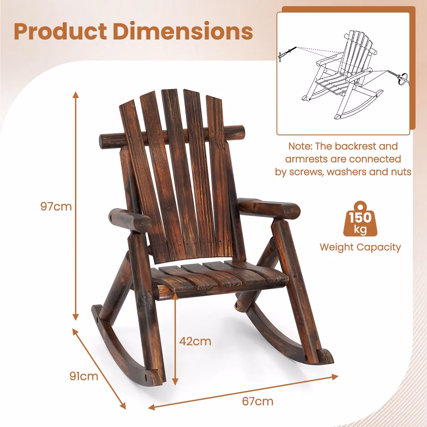 Costway Outdoor Adirondack Rocking Chair for Adults in Brown Solid Wood – 2
