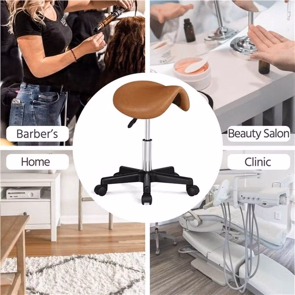 KORVIXA Brown PU Leather Rolling Salon Saddle Stool with Castors – 3
