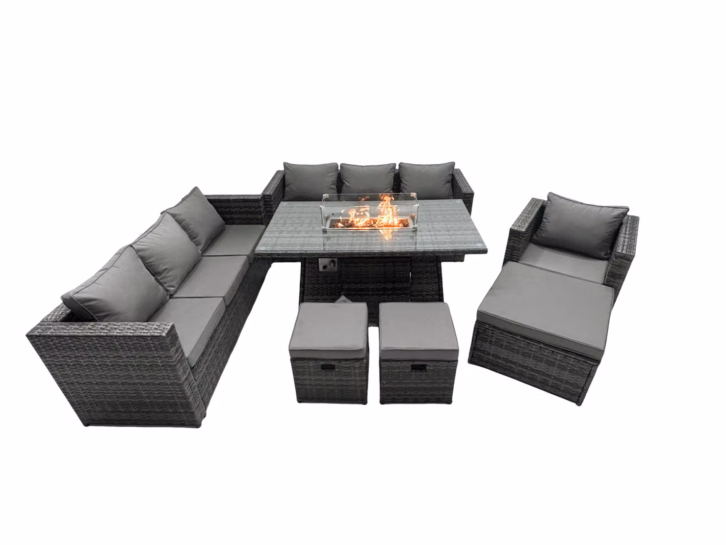 Fimous 10 Seater Rattan Garden Furniture Firepit Dining Set with Lounge Sofa, Table and 3 Footstools in Dark Grey – 2