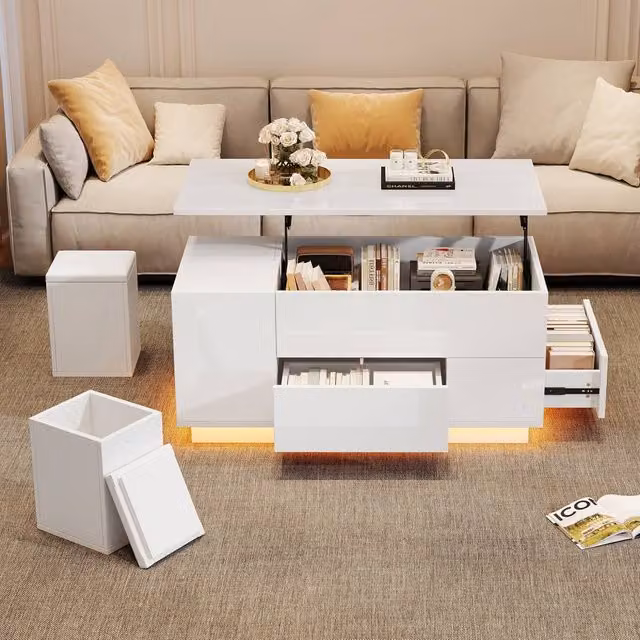 BTM White Glossy Lift Top Coffee Table with LED Storage Drawers and Stools