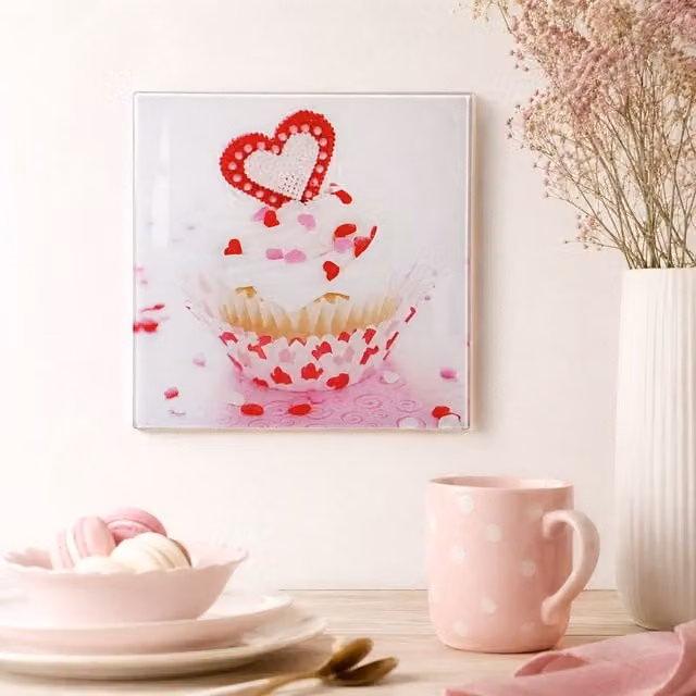 Orsina Pink and White Cupcake Glass Print Canvas Tabletop Decor
