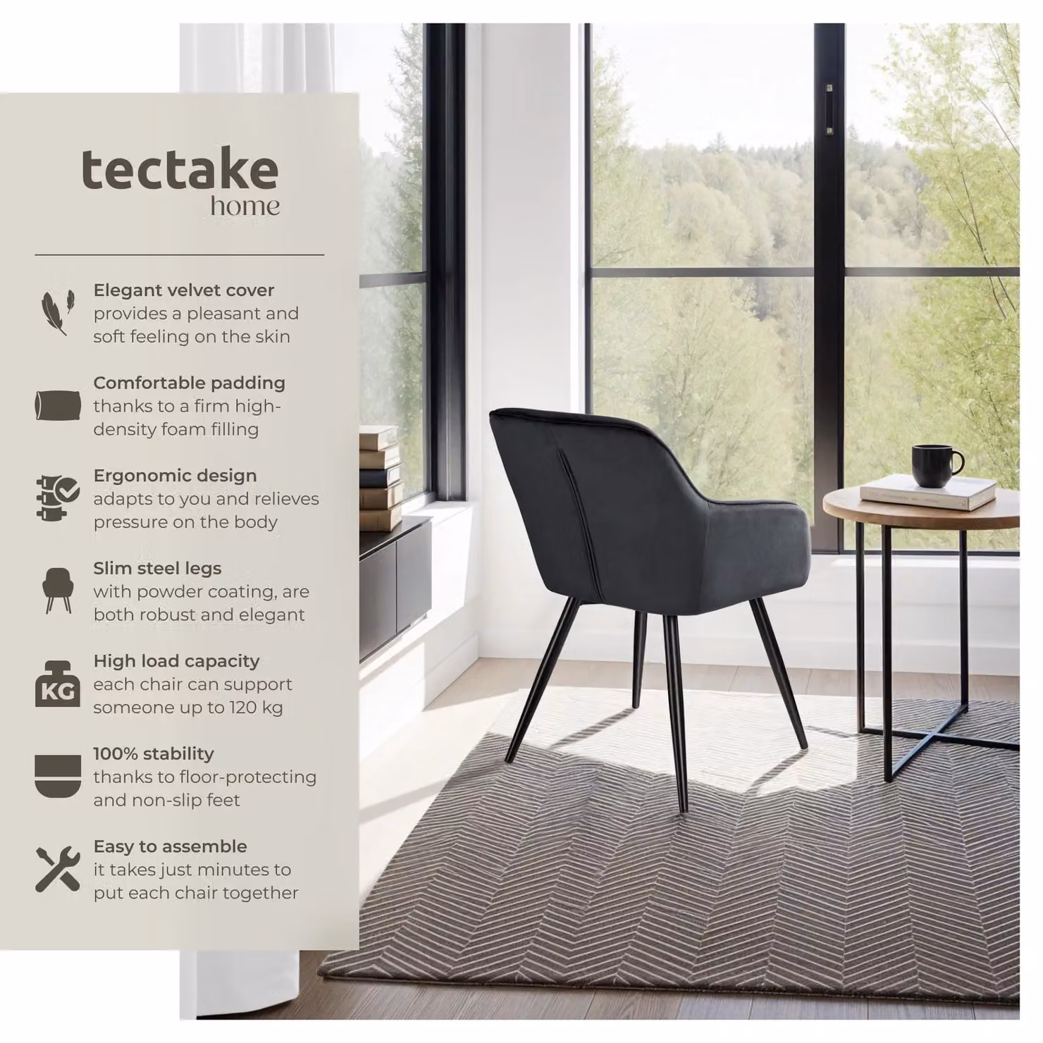 tectake Marilyn Set of 6 Black Velvet Dining Chairs – 2
