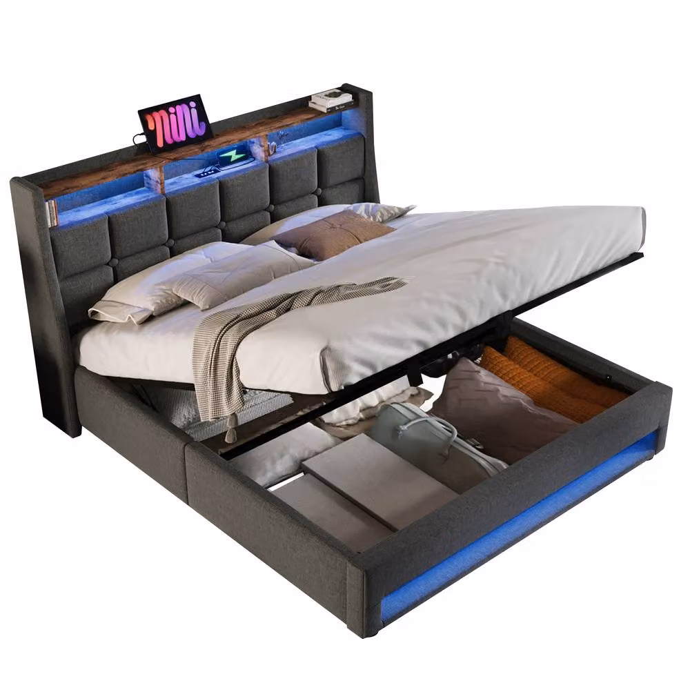 Merax Vintage Grey Upholstered Storage Bed with LED Headboard, USB Charging Ports and Lift-Up Base, W/D/H: 180 x 200 cm – 5