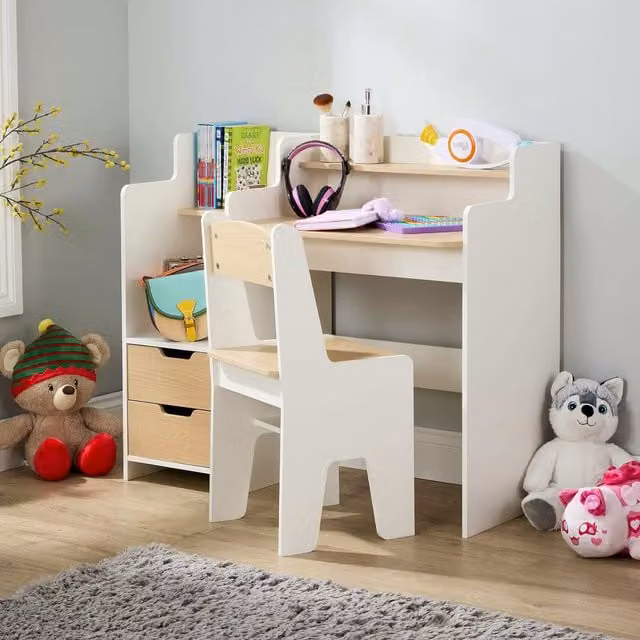 Home Source Scribbly White Kids Study Set with Desk, Chair and Shelf, W/D/H: 93 x 44 x 80 cm