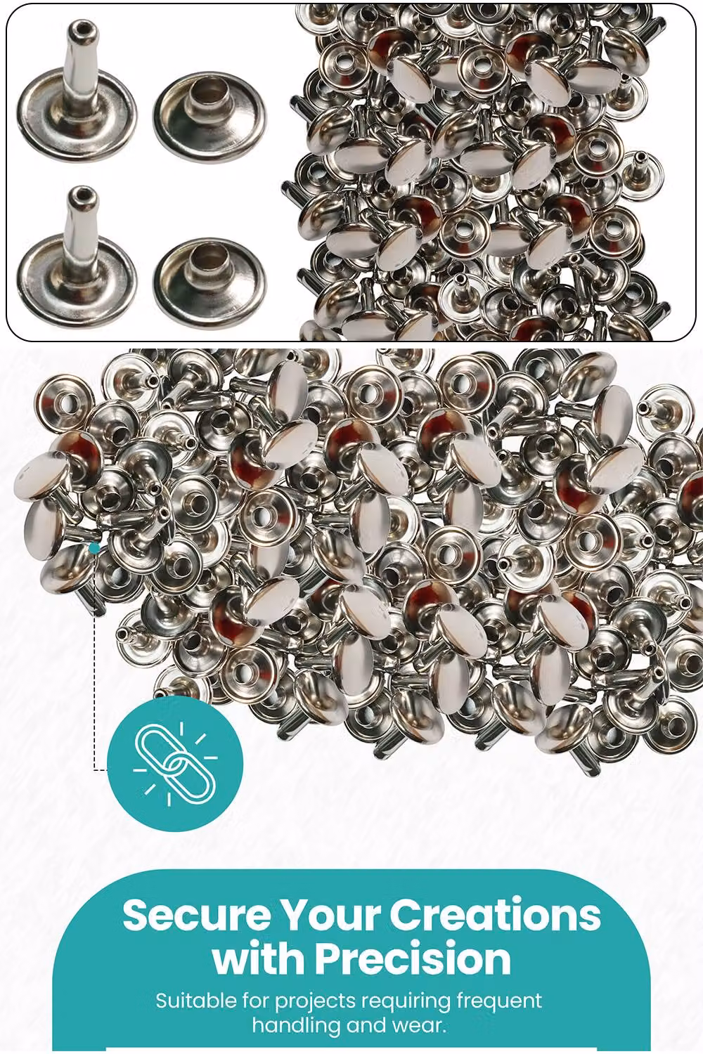 Neel Blue 10mm Double Cap Rivet Tubular Metal Studs and Silver Leather Rivets, 100pcs – 3