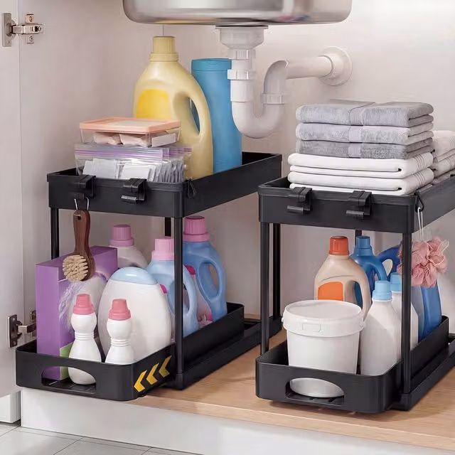Toque Black Under Sink Kitchen Sliding Pull Out Drawer Organiser, 2 Pack – 1
