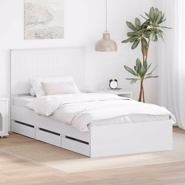 Berkfield Home Modern Bed Frame with Drawers in White, Engineered Wood, W/D/H: 100 x 200 cm