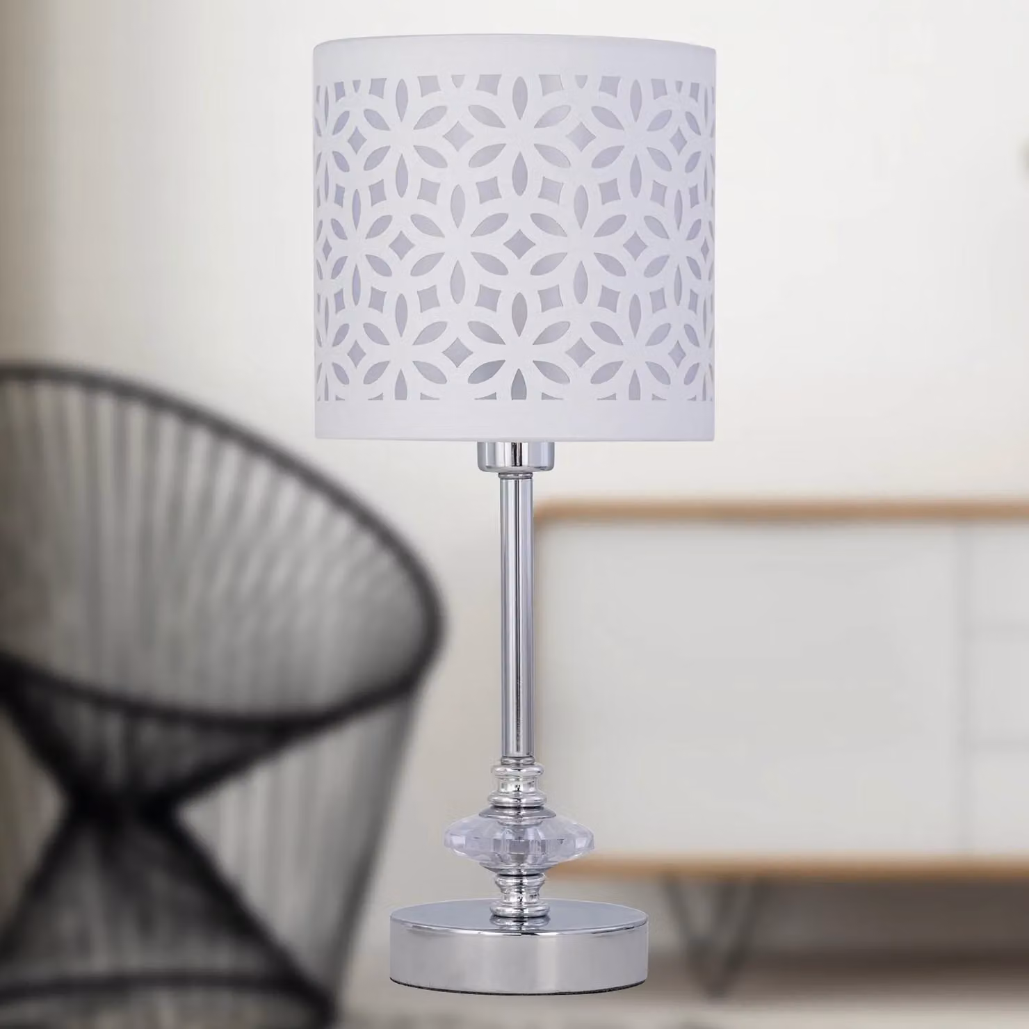 First Choice Lighting Chrome Jewelled Table Lamp with White Fabric Cut Out Shade in Silver – 2