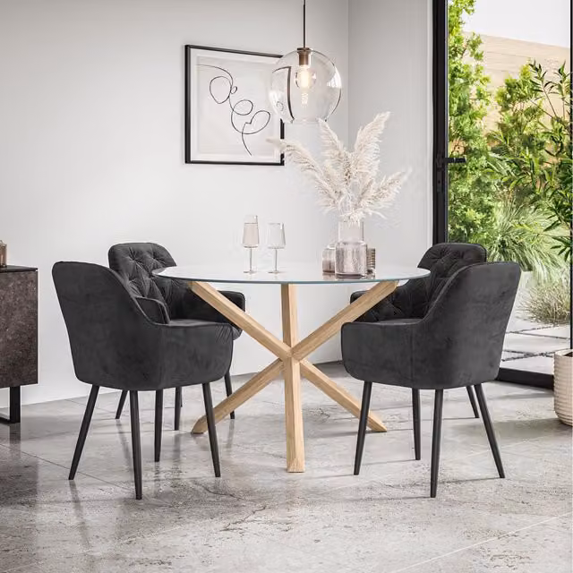 More4Homes Malvern Round Glass Dining Table with Oak Legs and 4 Black Anika Velvet Chairs, W/D/H: 120 x 120 x 75 cm