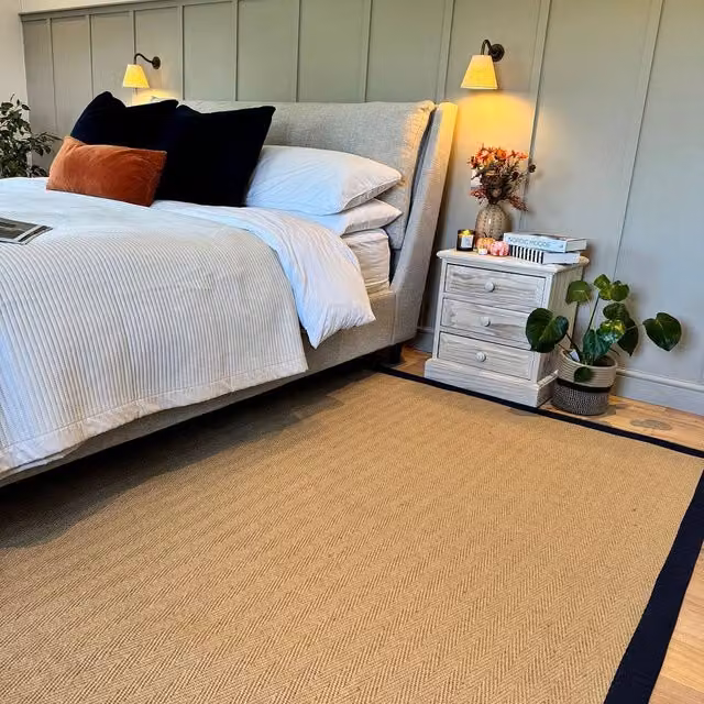 Kukoon Beige and Blue Herringbone Pattern Non-Slip Jute and Cotton Flat Weave Rug W: 80 cm, L: 150 cm