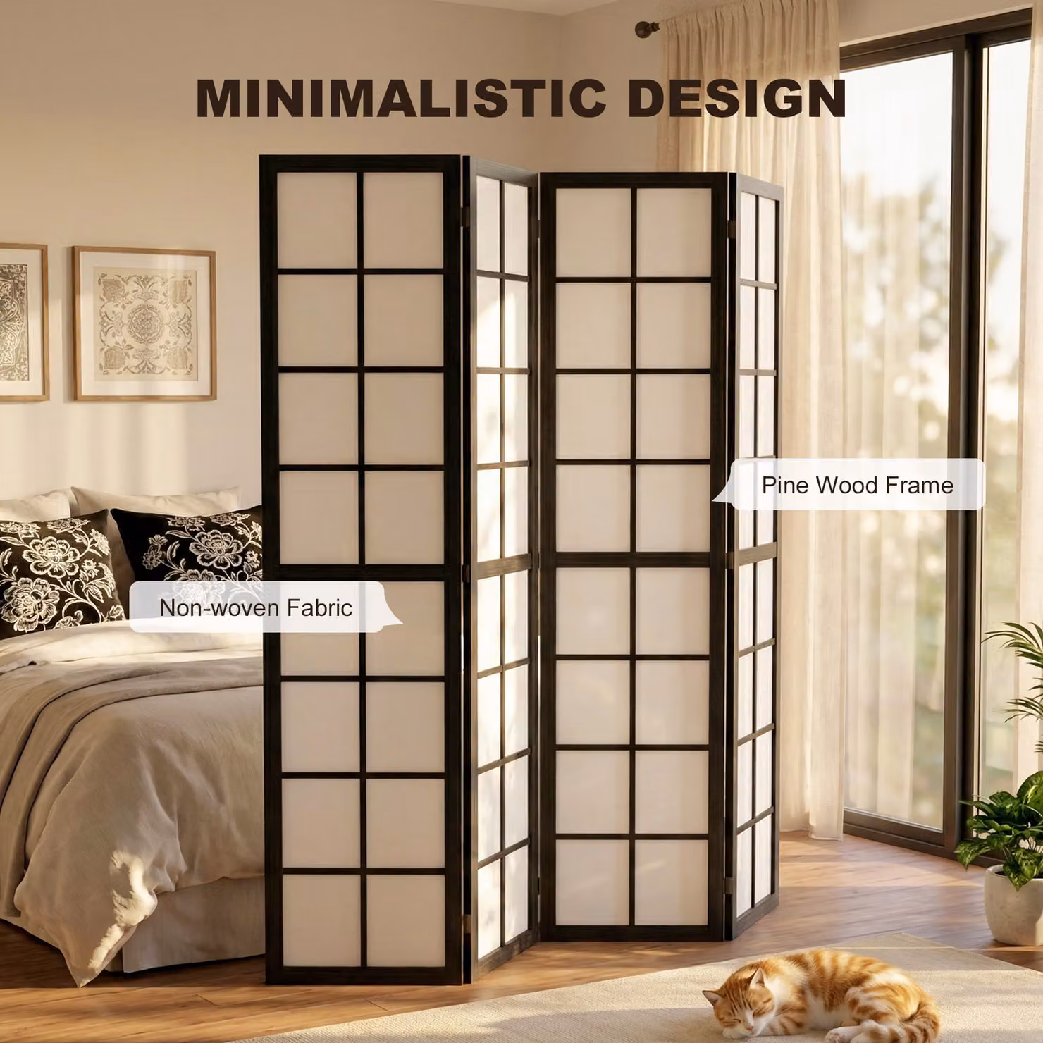HOMCOM 4 Panel Folding Room Divider, Black Geometric Wood Privacy Screen – 4