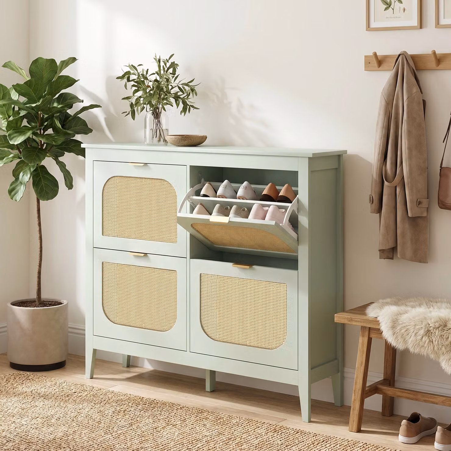 HOMCOM Boho Slim Shoe Storage Cabinet in Light Green with 4 Rattan Tilting Drawers, Holds 20 Pairs – 3