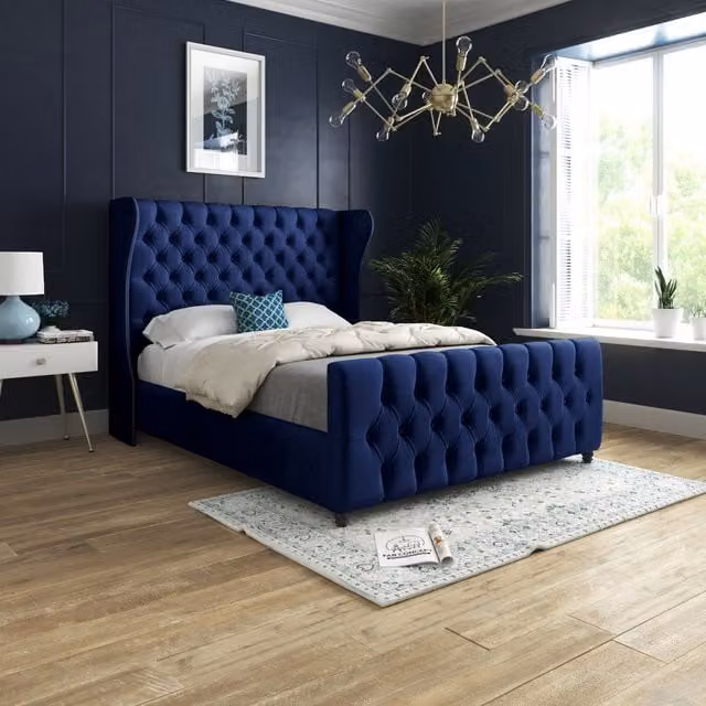 Casani Donati Upholstered Velvet Bed Frame in Blue, W/D/H: 120 x 137 x 128 cm – 1