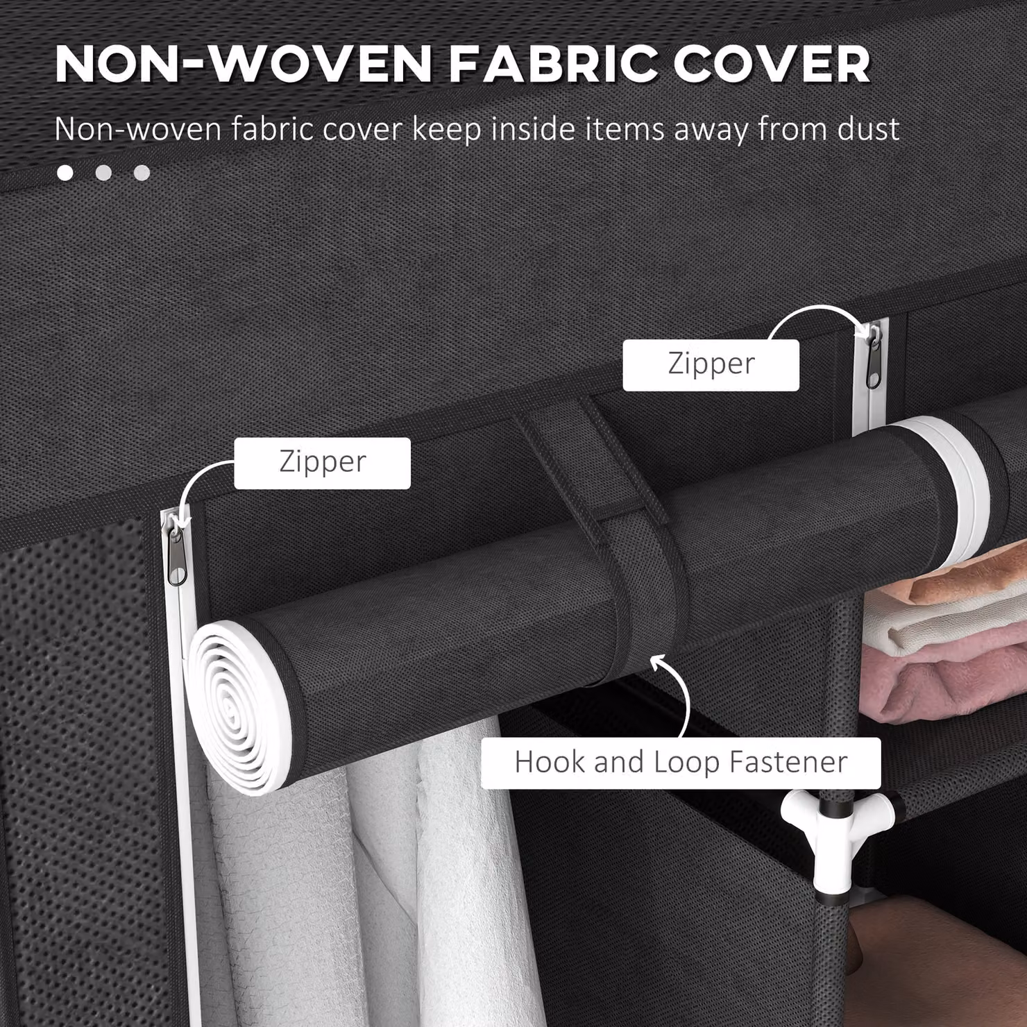 HOMCOM Foldable Fabric Wardrobe in Black with 5 Shelves, 2 Hanging Rails and 3 Drawers – 5