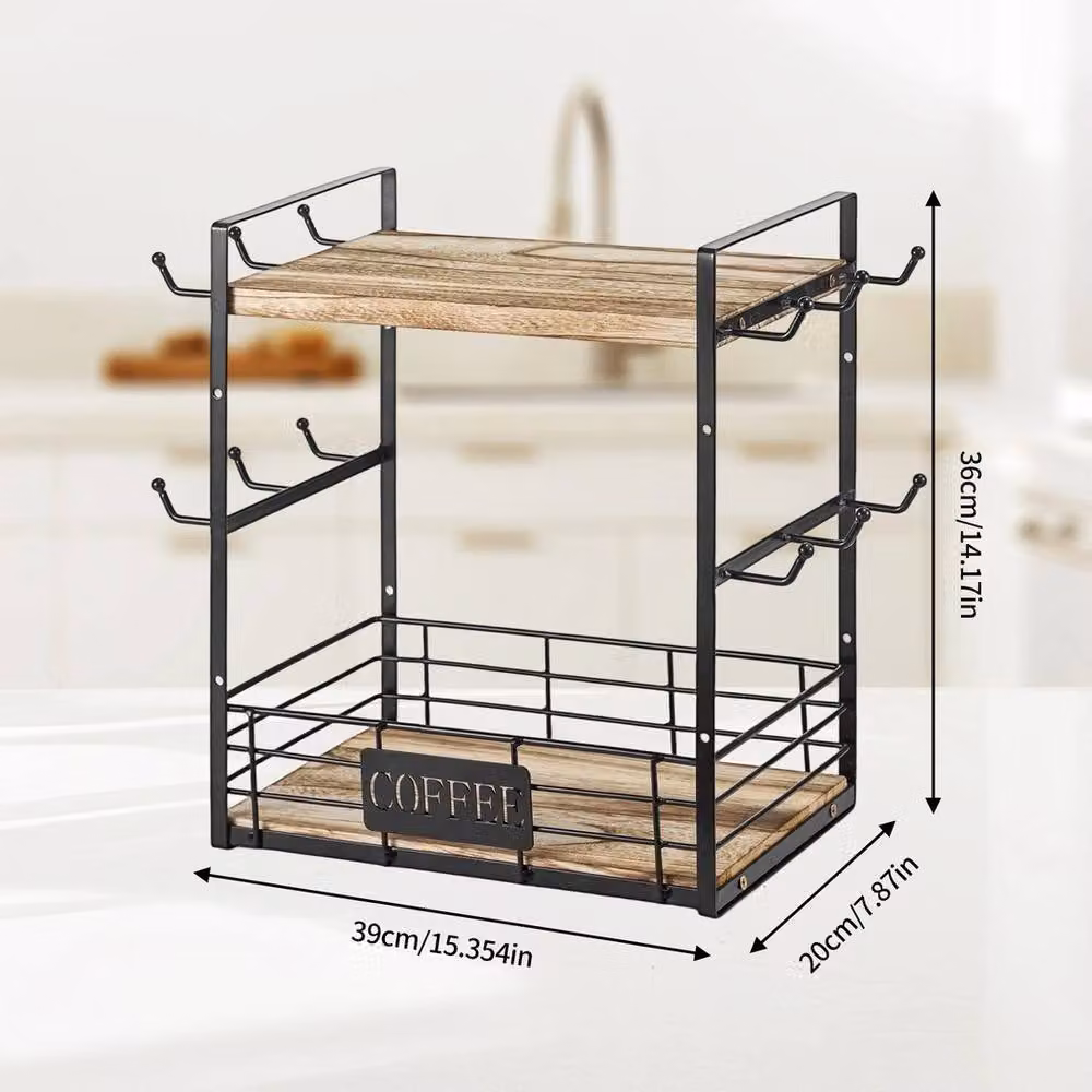 Havendro 2-Tier Metal Freestanding Organiser with Shelf and 12 Mug Hooks, Black – 2