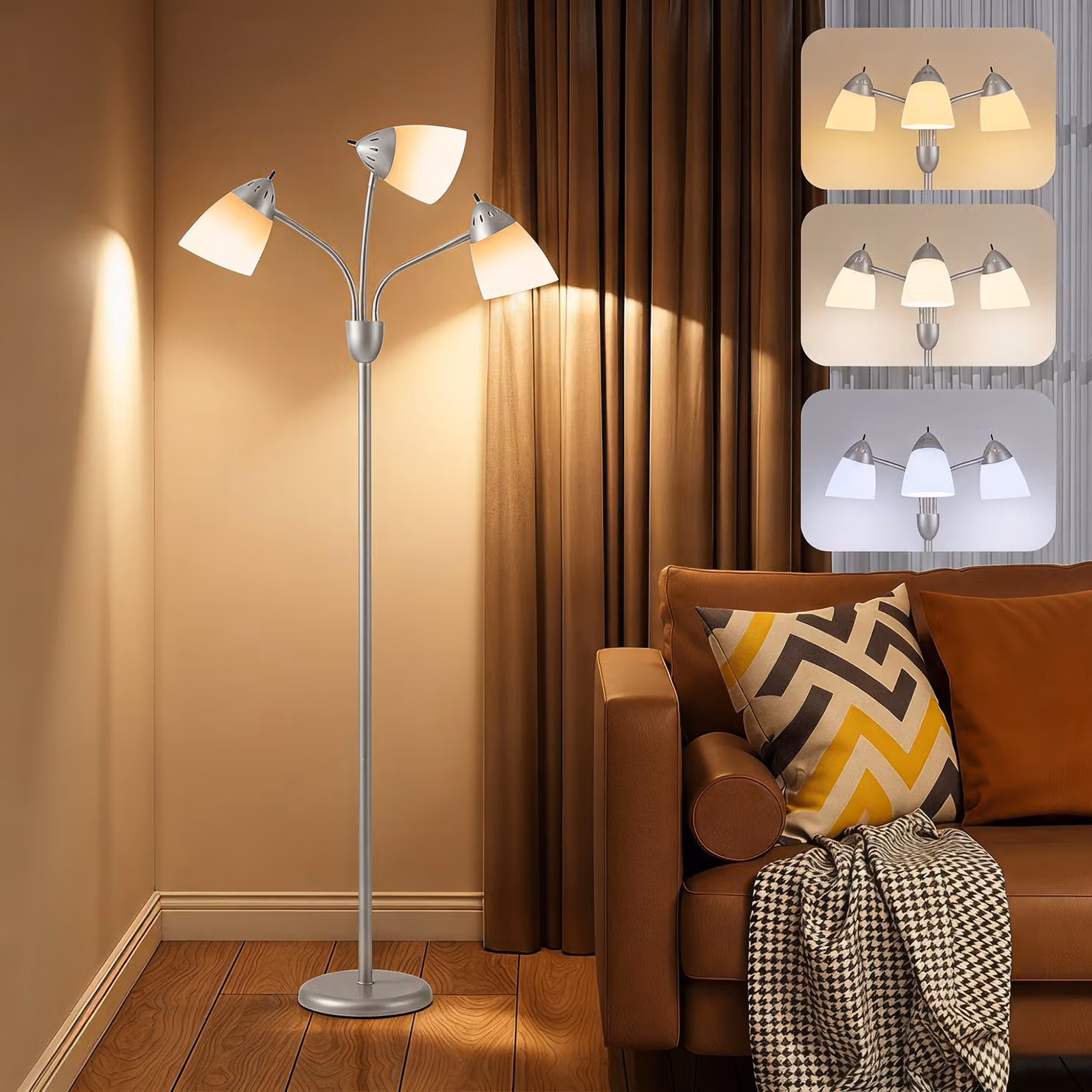 HOMCOM Arc Tree Floor Lamp in Silver with 3 Adjustable Rotating Lights and CCT Colour Temperatures – 2