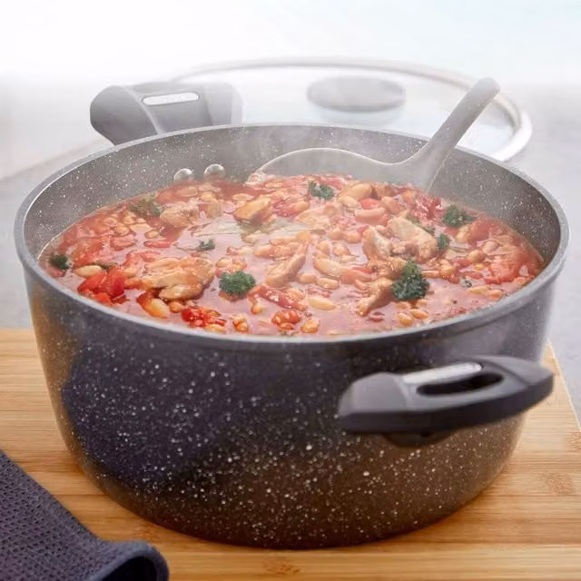 Tower Grey Ceramic Forged Casserole with Glass Lid, 24 cm