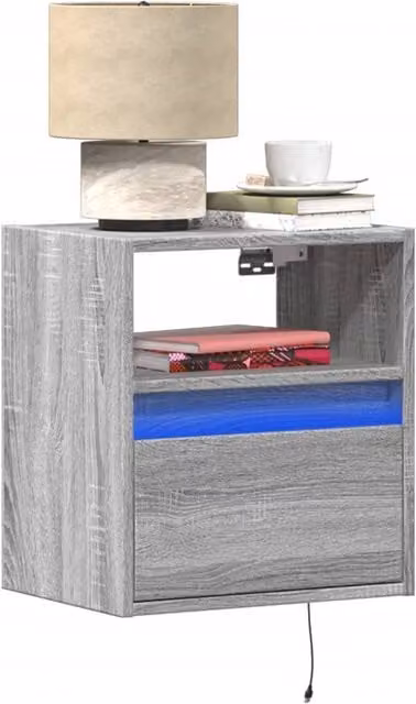 Berkfield Home Wall-mounted Bedside Cabinet with Integrated LED Lights in Grey Sonoma – 1