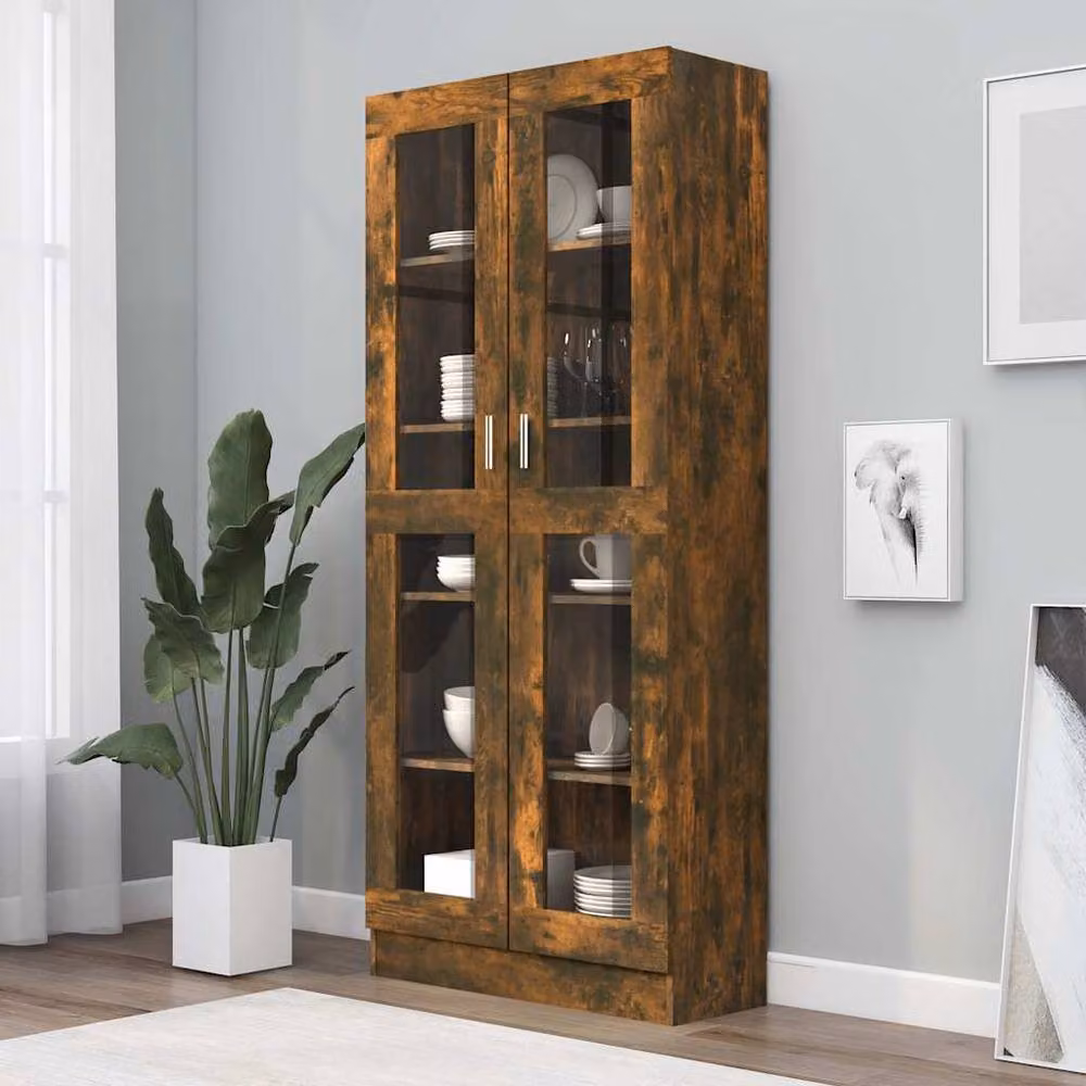 Berkfield Home Vitrine Cabinet in Smoked Oak with Glass Doors, Brown, W/D/H: 82.5 x 30.5 x 185.5 cm – 2