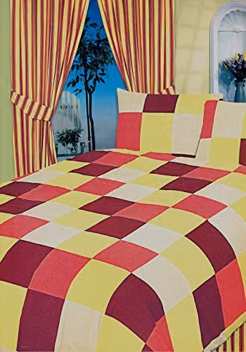 Bedwise Odessa Double Duvet and Pillowcase Set, Retro Graphic Square Blocks, Multicolour Red, Orange and Yellow, 140 x 200 cm
