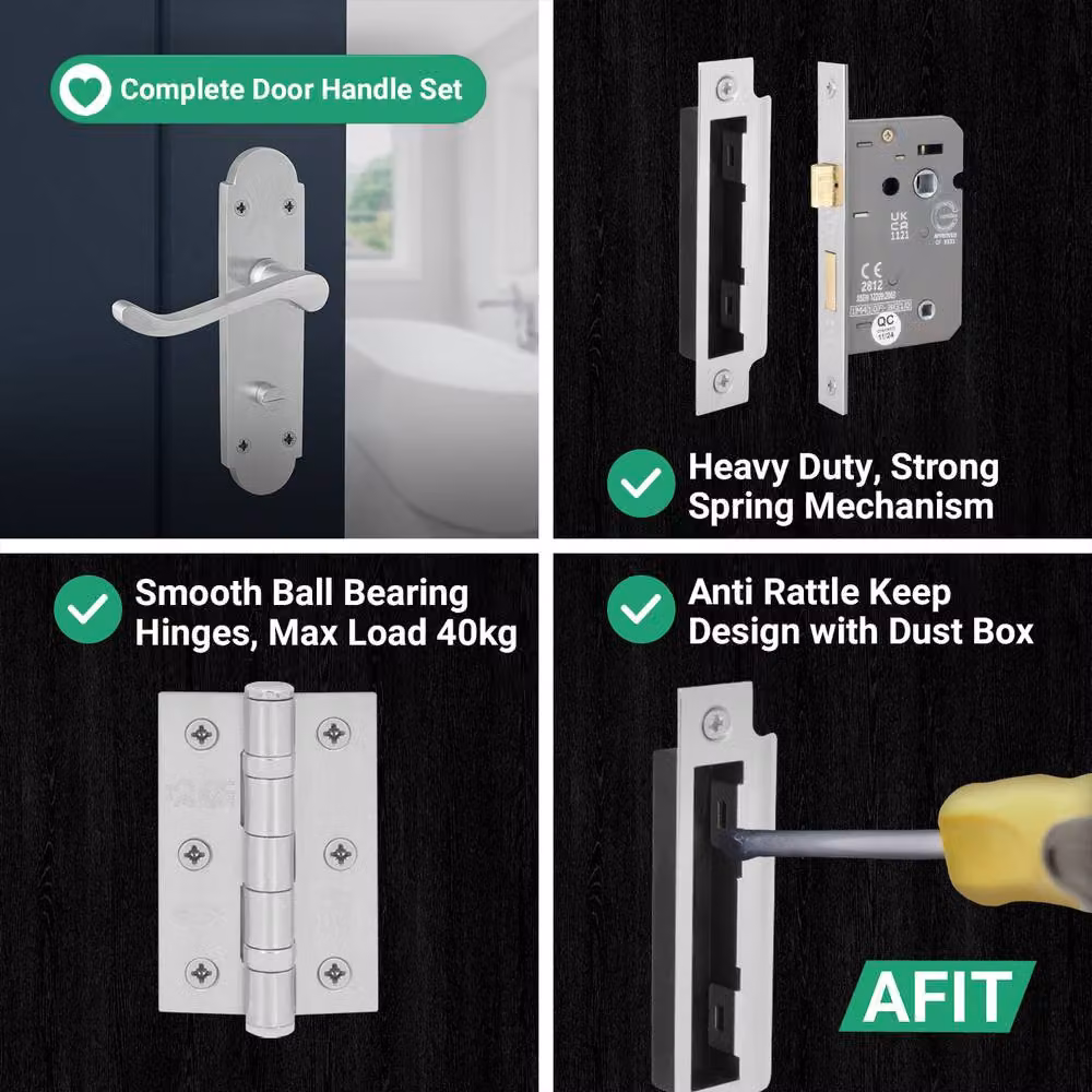 AFIT Satin Chrome Bathroom Door Handle Set with Silver Hinges, W/D/H: 15.0 x 17.2 x 15.0 cm – 2