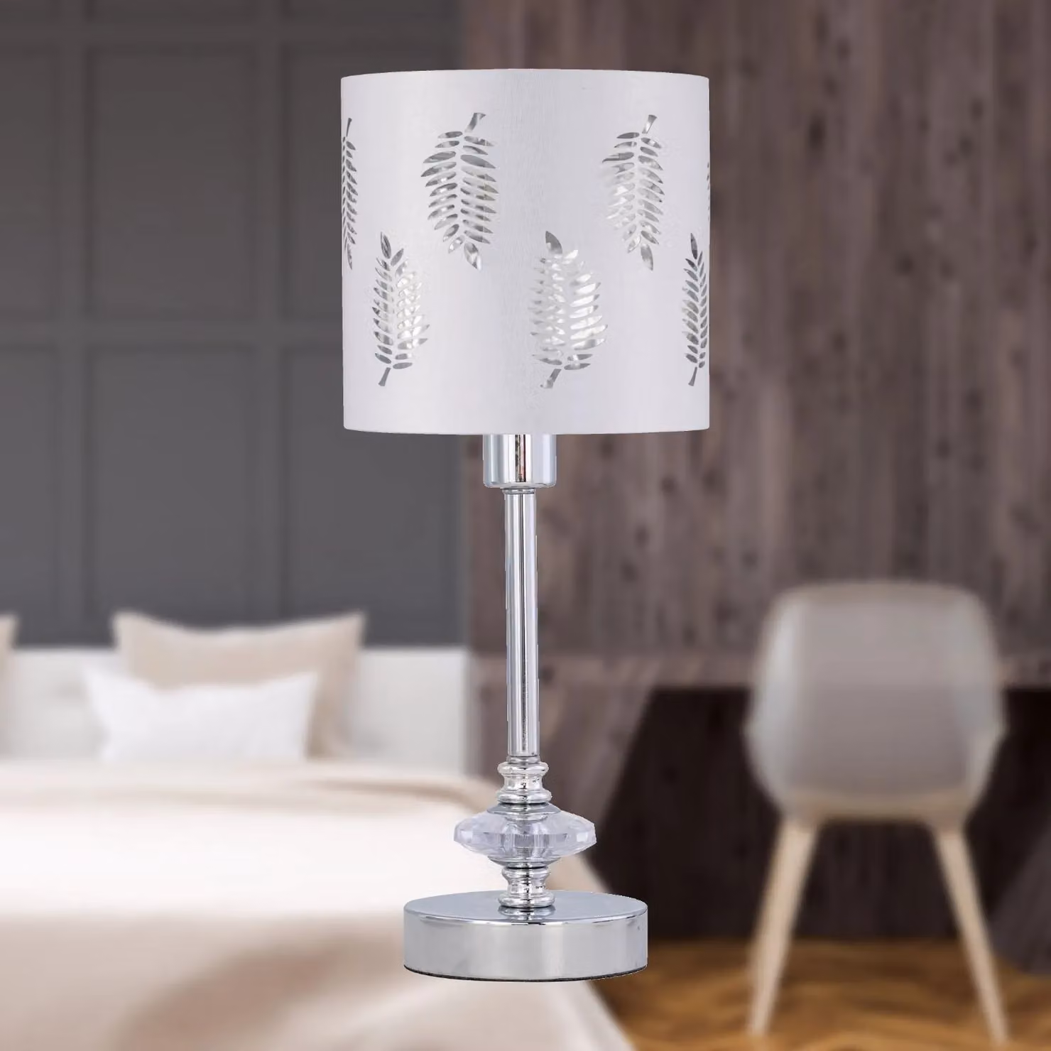 First Choice Lighting Chrome Jewelled Table Lamp with White Fabric Shade in Silver – 3