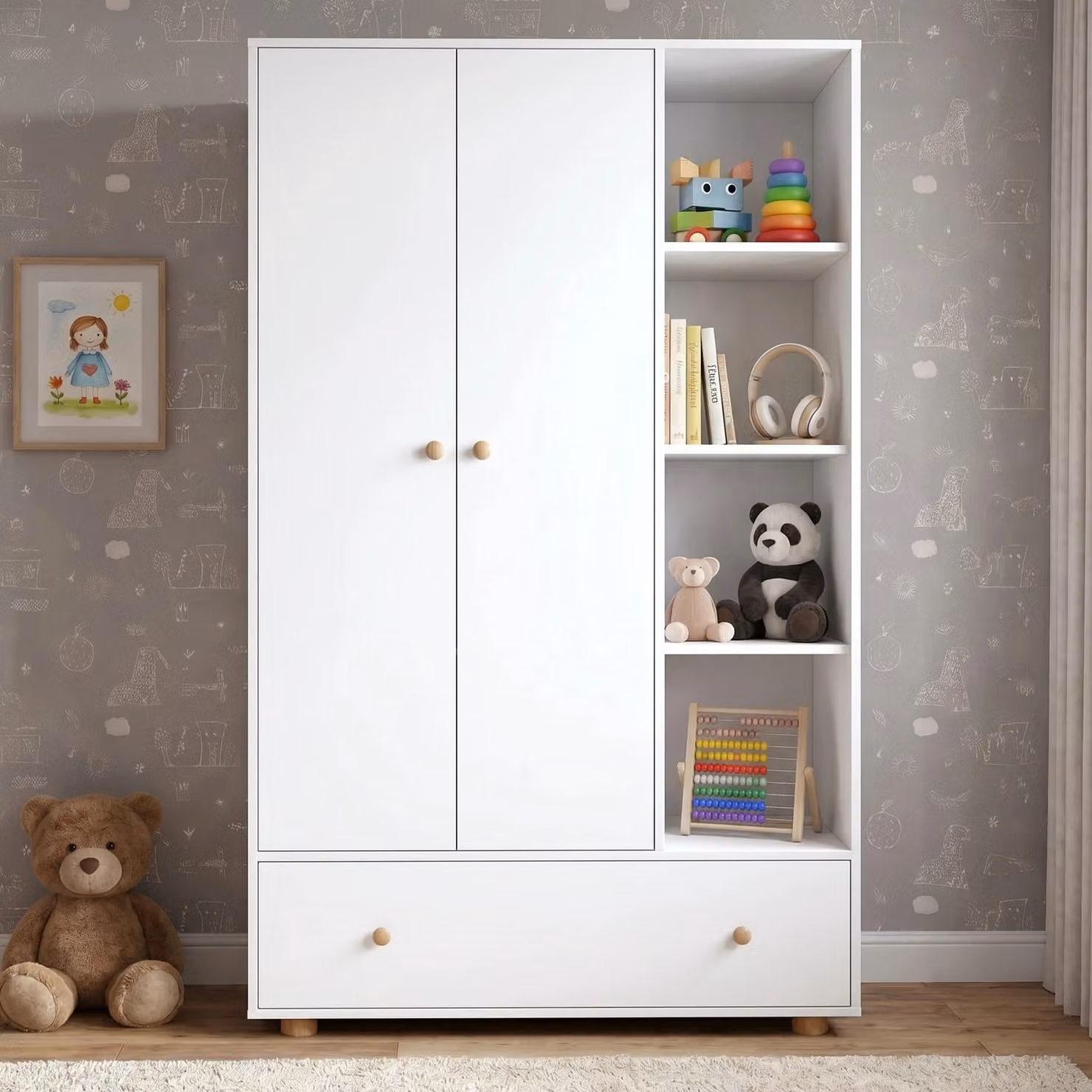 DHS Kids Triple Wardrobe with Drawers and Open Shelves in White