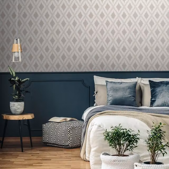 Fresco Ikat Geometric Ethnic Abstract Wallpaper in Yellow and Beige, Width: 52 cm