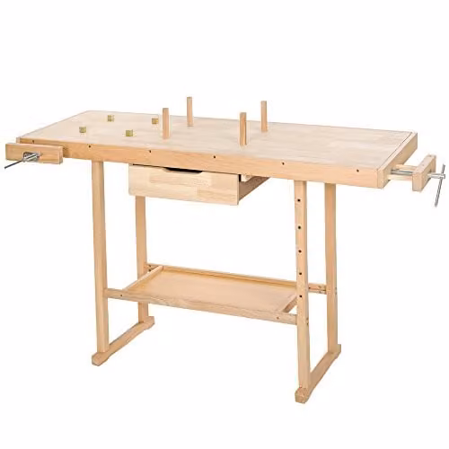 tectake Wooden Workbench with 2 Vices and Drawer, Brown, W/D/H: 137 x 50 x 87 cm