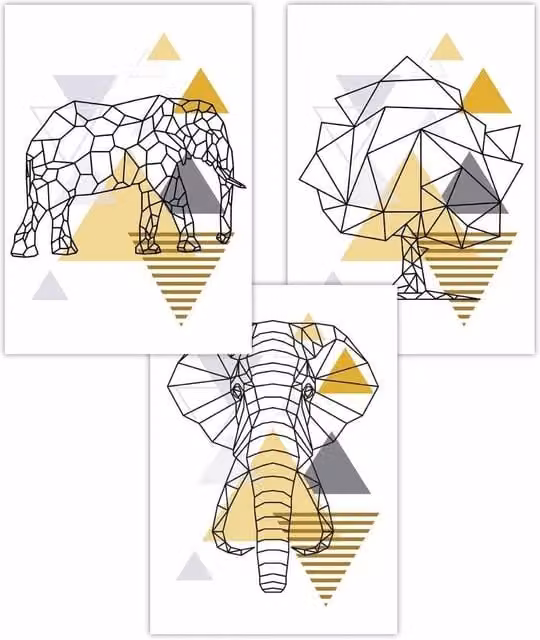 ARTZE Set of 3 Geometric Line Art Elephant and Tree Paper Posters in Yellow, Grey and Black, W: 42 cm, H: 59 cm