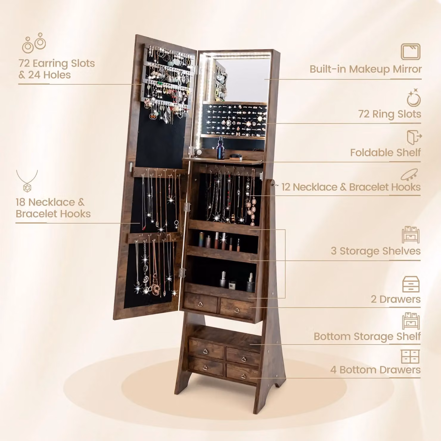 Costway Freestanding Brown Wood Jewelry Armoire with LED Lighting and Mirror – 5