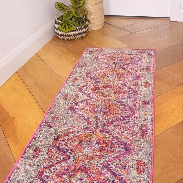 The Rug House Pink and Grey Geometric Modern Distressed Rectangular Living Area Rug W: 240 cm, D: 60 cm