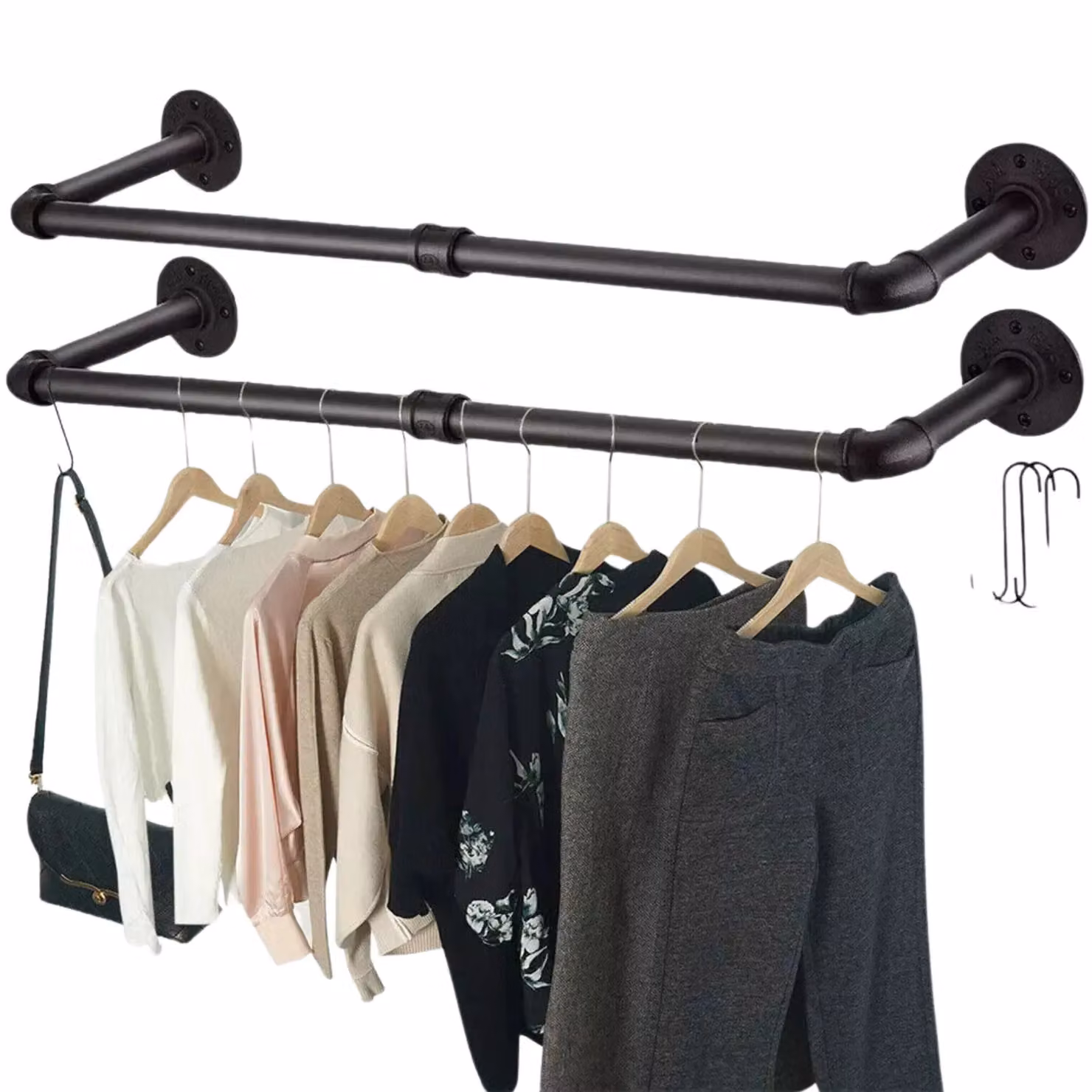 Pirlo Plush Industrial Heavy Duty Metal Pipe Wall-Mounted Hanging Rails, 2-Piece Set, Black – 3