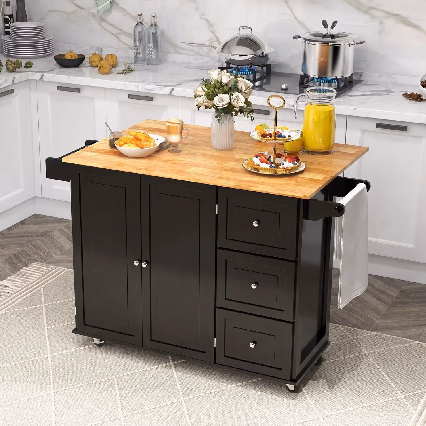 Costway Kitchen Storage Trolley Cart with 3 Drawers and Shelves in Black Matt Wood – 5