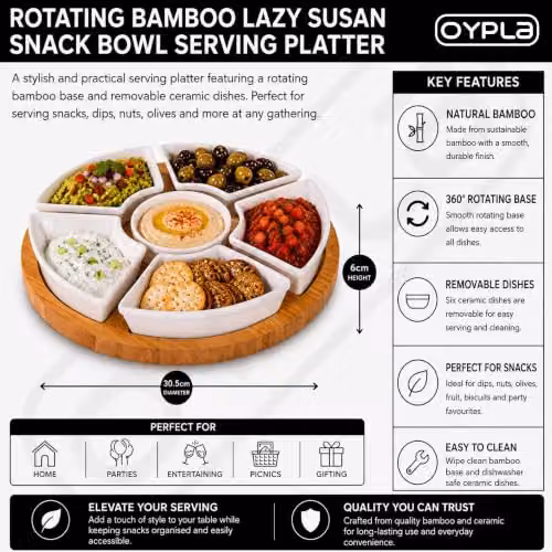 Oypla Rotating Bamboo Lazy Susan Serving Platter with Ceramic Dishes in White and Brown – 3