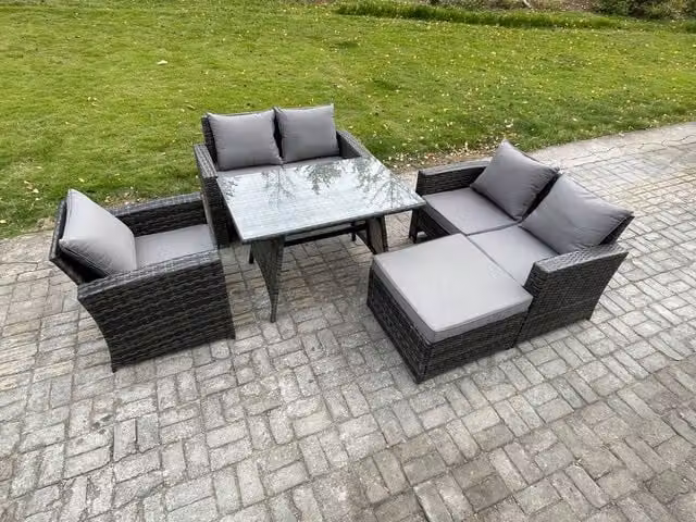 Fimous 6 Seater Wicker PE Rattan Garden Dining Set with Rectangular Table, Double Seat Sofa and Big Footstool in Dark Grey